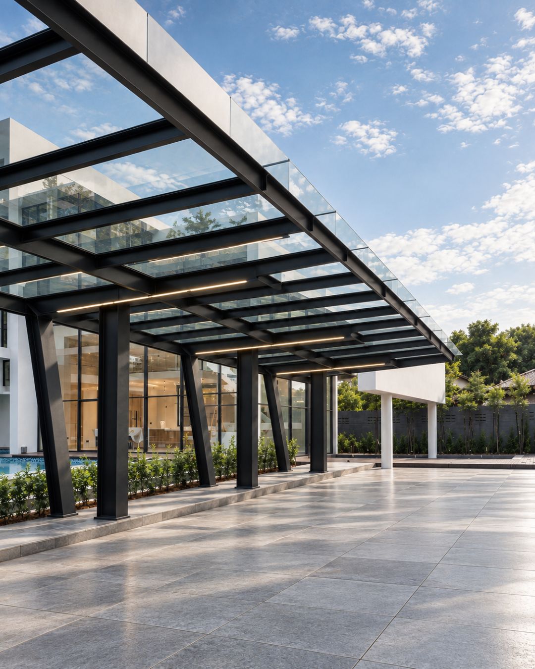 Poolside canopy · rectangular roof frame